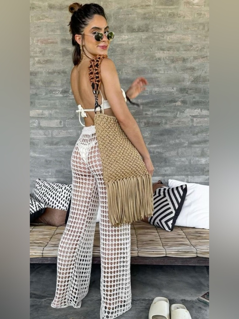 Handwoven Crochet Shell Knit Beach Cover-Up in Cream